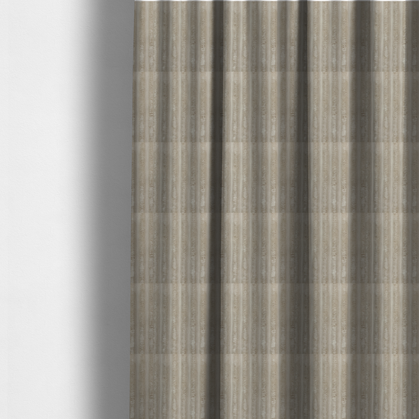 The fabric used to create these made-to-measure curtains is a warm, beige-toned textile featuring a repeating, vertical channel-tufted pattern. The fabric alternates between thick, high-pile plush bands and thin, compressed vertical channels.