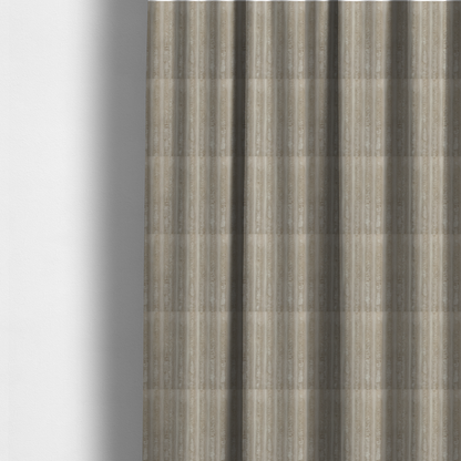 The fabric used to create these made-to-measure curtains is a warm, beige-toned textile featuring a repeating, vertical channel-tufted pattern. The fabric alternates between thick, high-pile plush bands and thin, compressed vertical channels.