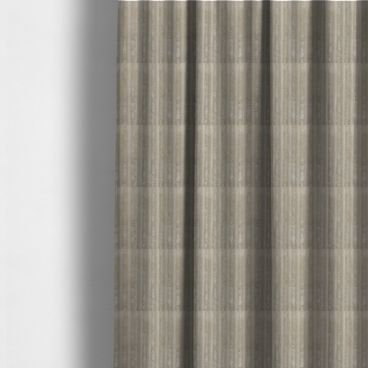 The fabric used to create these made-to-measure curtains is a warm, beige-toned textile featuring a repeating, vertical channel-tufted pattern. The fabric alternates between thick, high-pile plush bands and thin, compressed vertical channels.