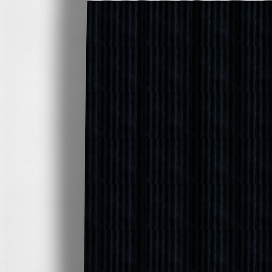 The fabric used to create these made-to-measure curtains is a deep black textile featuring a repeating, vertical channel-tufted pattern. The fabric alternates between thick, high-pile plush bands and thin, compressed vertical channels.
