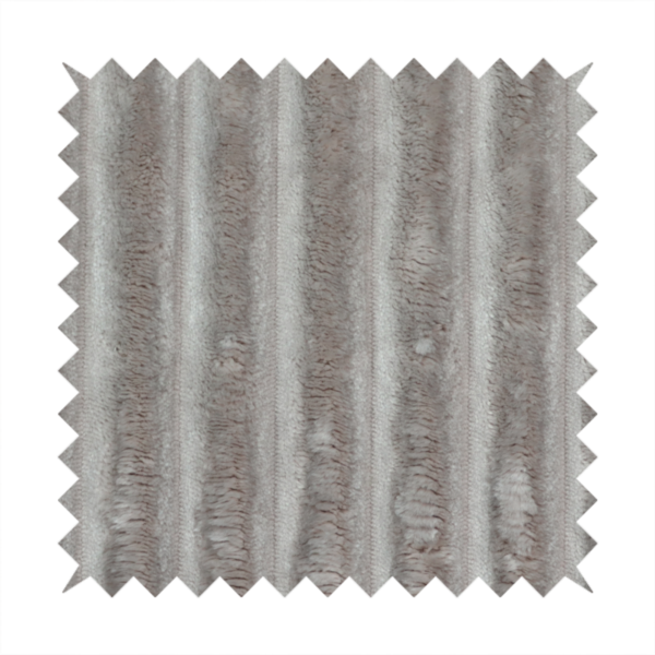 A grey textile featuring a repeating, vertical channel-tufted pattern that alternates between soft, high-pile bands and narrow, flat lines.