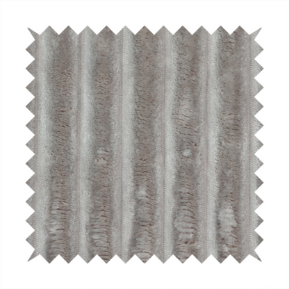 A grey textile featuring a repeating, vertical channel-tufted pattern that alternates between soft, high-pile bands and narrow, flat lines.