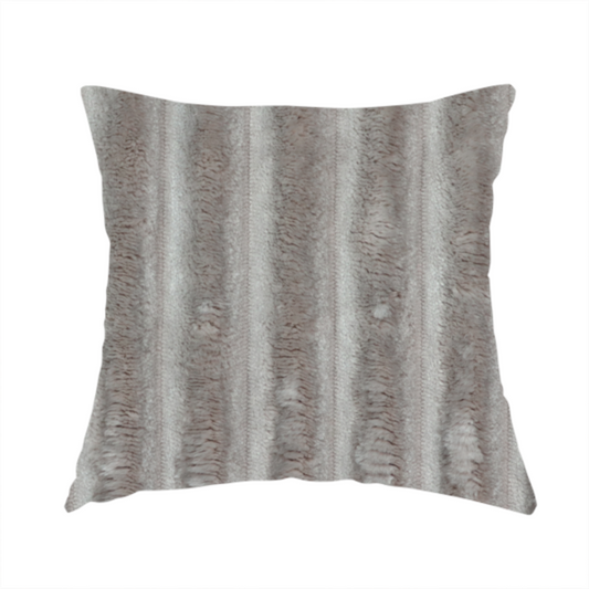 the fabric used to create this handmade cushion is a grey textile featuring a repeating, vertical channel-tufted pattern that alternates between soft, high-pile bands and narrow, flat lines.