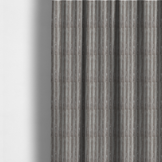 The fabric used to create these made-to-measure curtains is a grey textile featuring a repeating, vertical channel-tufted pattern that alternates between soft, high-pile bands and narrow, flat lines.