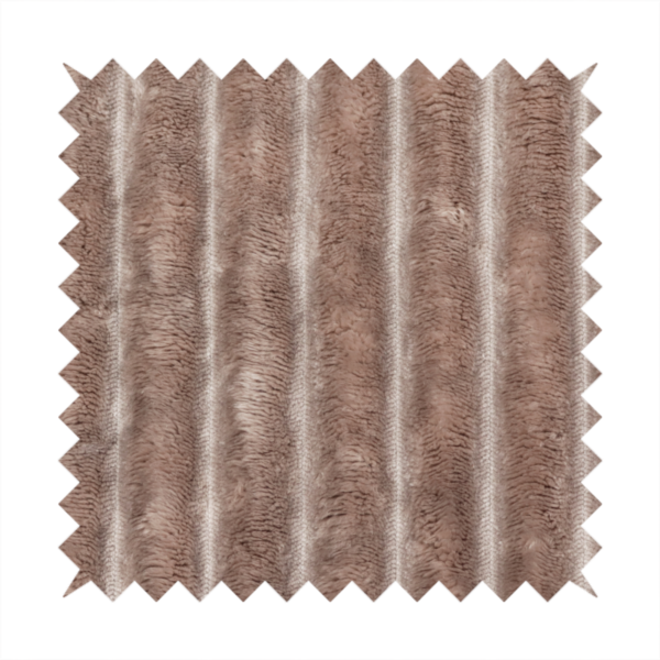 A warm, taupe-coloured textile featuring a repeating, vertical channel-tufted pattern that alternates between soft, high-pile bands and narrow, flat lines.