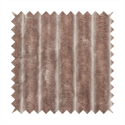 A warm, taupe-coloured textile featuring a repeating, vertical channel-tufted pattern that alternates between soft, high-pile bands and narrow, flat lines.
