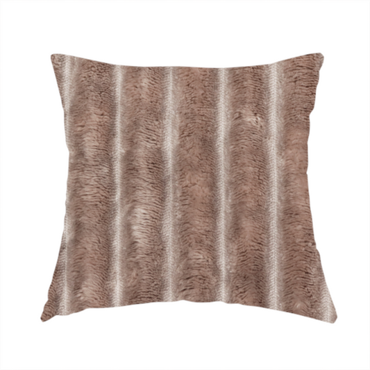 The fabric used to create this handmade cushion is a warm, taupe-coloured textile featuring a repeating, vertical channel-tufted pattern that alternates between soft, high-pile bands and narrow, flat lines.