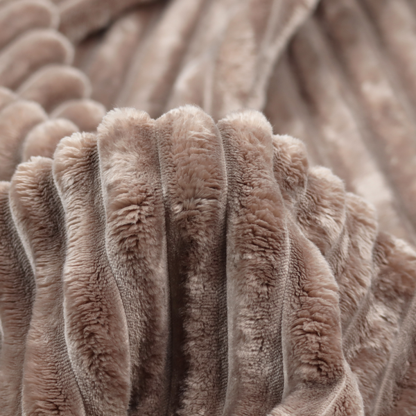 A warm, taupe-coloured textile featuring a repeating, vertical channel-tufted pattern that alternates between soft, high-pile bands and narrow, flat lines.