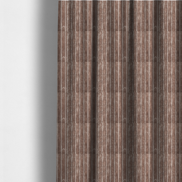 The fabric used to create these made-to-measure curtains is a warm, taupe-coloured textile featuring a repeating, vertical channel-tufted pattern that alternates between soft, high-pile bands and narrow, flat lines.