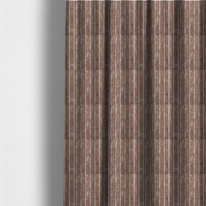 The fabric used to create these made-to-measure curtains is a warm, taupe-coloured textile featuring a repeating, vertical channel-tufted pattern that alternates between soft, high-pile bands and narrow, flat lines.