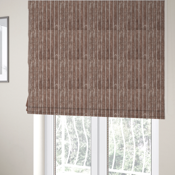 The fabric used to create these Roman blinds is a warm, taupe-coloured textile featuring a repeating, vertical channel-tufted pattern that alternates between soft, high-pile bands and narrow, flat lines.