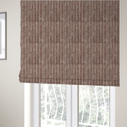 The fabric used to create these Roman blinds is a warm, taupe-coloured textile featuring a repeating, vertical channel-tufted pattern that alternates between soft, high-pile bands and narrow, flat lines.