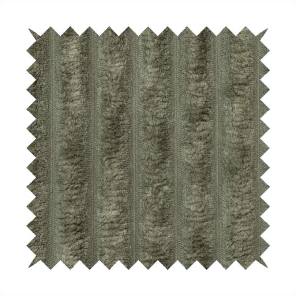 A muted, olive green textile featuring a repeating, vertical channel-tufted pattern that alternates between soft, high-pile bands and narrow, flat lines.