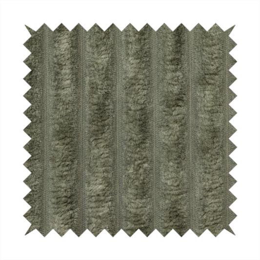 A muted, olive green textile featuring a repeating, vertical channel-tufted pattern that alternates between soft, high-pile bands and narrow, flat lines.