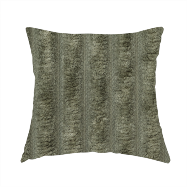 The fabric used to create this handmade cushion is a muted, olive green textile featuring a repeating, vertical channel-tufted pattern that alternates between soft, high-pile bands and narrow, flat lines.
