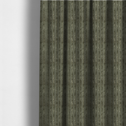 The fabric used to create these made-to-measure curtains is a muted, olive green textile featuring a repeating, vertical channel-tufted pattern that alternates between soft, high-pile bands and narrow, flat lines.