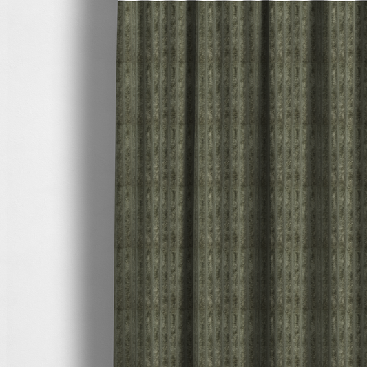 The fabric used to create these made-to-measure curtains is a muted, olive green textile featuring a repeating, vertical channel-tufted pattern that alternates between soft, high-pile bands and narrow, flat lines.