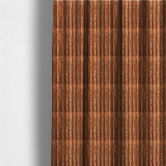 The fabric used to create these made-to-measure curtains is a tanned copper, vertically ribbed, channel-tufted plush fabric.
