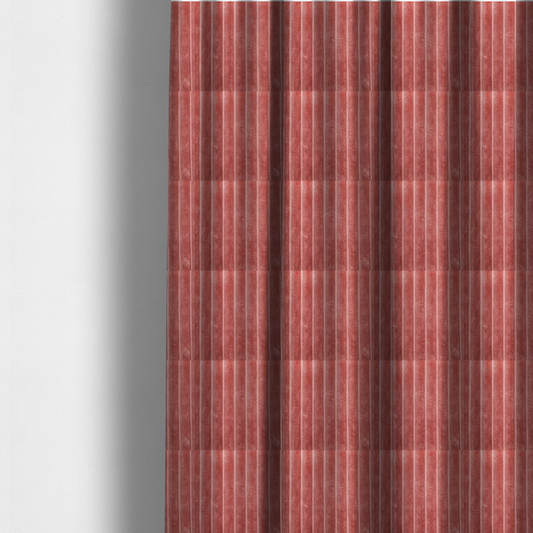 The fabric used to create these made-to-measure curtains is a pink, vertically ribbed, channel-tufted plush fabric.