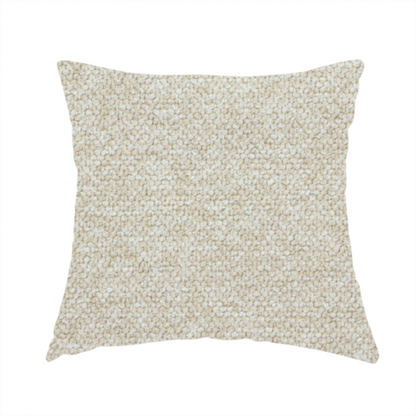 The fabric used to create this handmade cushion is a creamy off-white textured upholstery fabric with a consistent, neutral weave.