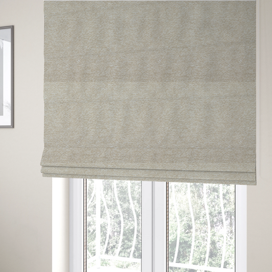 The fabric used to create these Roman blinds is a creamy off-white textured upholstery fabric with a consistent, neutral weave.