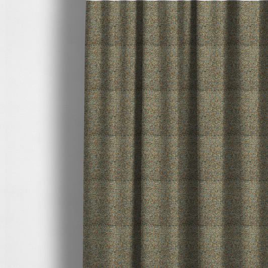 The fabric used to create these made-to-measure curtains is a earthy blend of forest green, terracotta, and grey textured upholstery fabric.