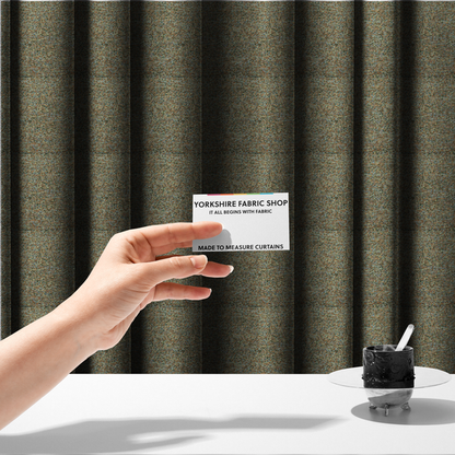 The fabric used to create these made-to-measure curtains is a earthy blend of forest green, terracotta, and grey textured upholstery fabric.