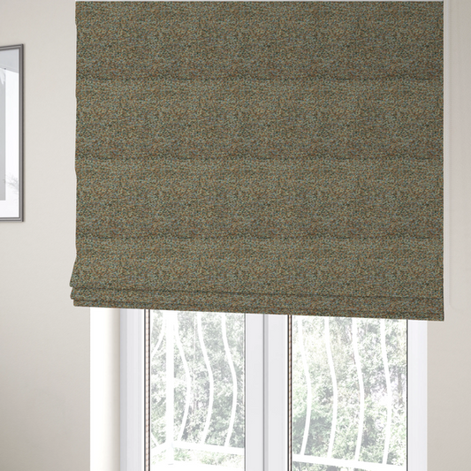 The fabric used to create these Roman blinds is a earthy blend of forest green, terracotta, and grey textured upholstery fabric.