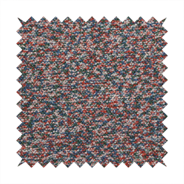 A multi-coloured textured upholstery fabric, featuring a blend of red, blue, green, and white fibres.