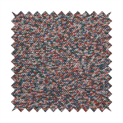 A multi-coloured textured upholstery fabric, featuring a blend of red, blue, green, and white fibres.