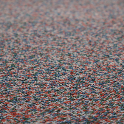 A multi-coloured textured upholstery fabric, featuring a blend of red, blue, green, and white fibres.