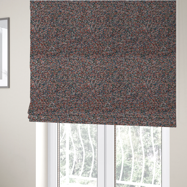The fabric used to create these Roman blinds is a multi-coloured textured upholstery fabric, featuring a blend of red, blue, green, and white fibres.