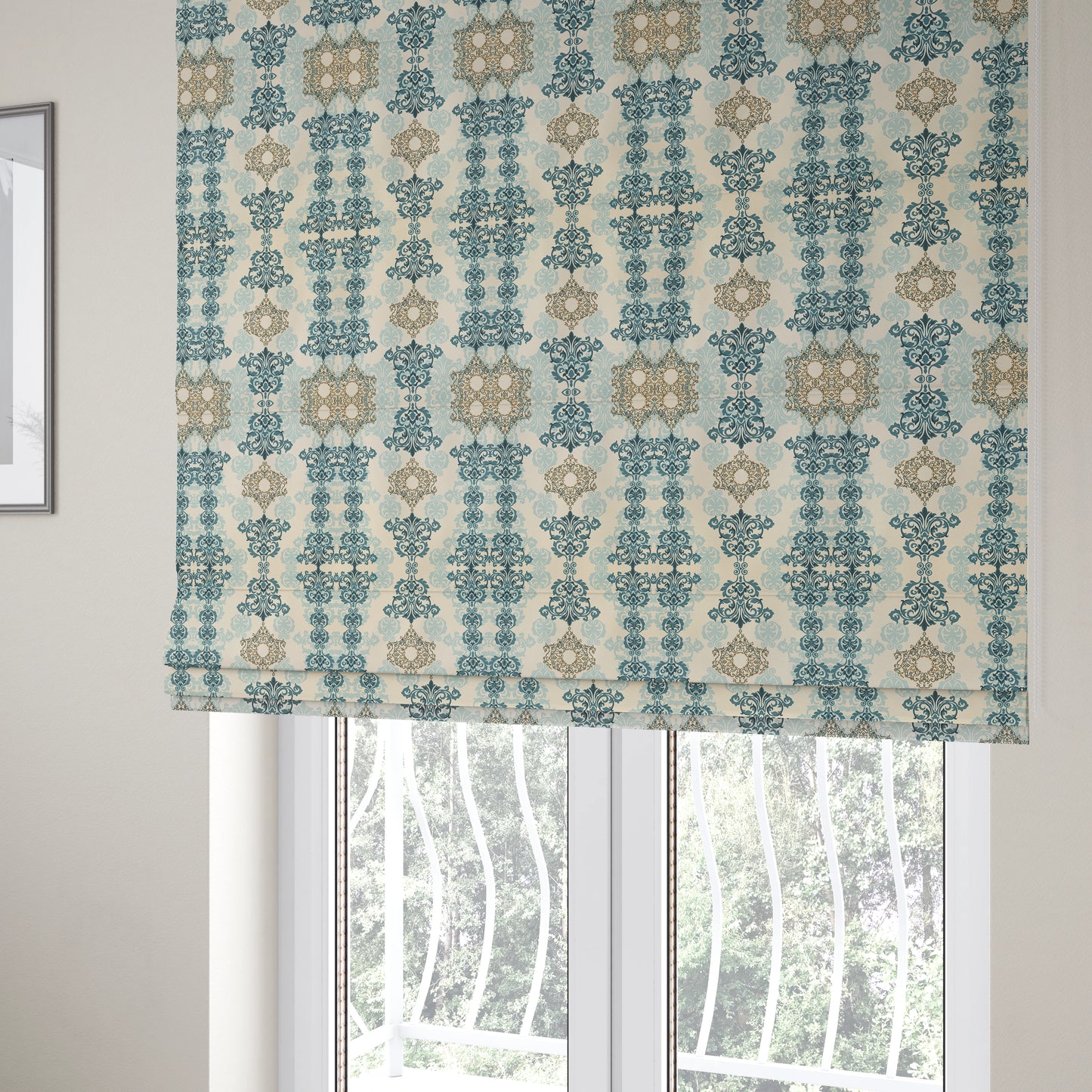 Playtime Printed Cotton Fabrics Collection Blue Colour Damask Pattern Water Repellent Upholstery Fabric CTR-309 - Roman Blinds