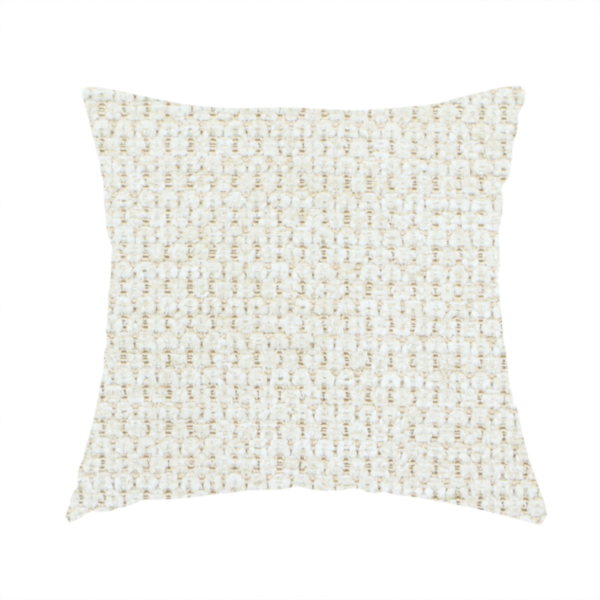 The fabric used to create this handmade cushion is a warm cream or off-white tone. The material features a chunky, heavyweight weave with a distinct dimensional grid. The texture is composed of thick, interlaced threads that create a series of small, raised rectangular bumps, giving it a basket weave or bouclé-like appearance.