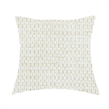 The fabric used to create this handmade cushion is a warm cream or off-white tone. The material features a chunky, heavyweight weave with a distinct dimensional grid. The texture is composed of thick, interlaced threads that create a series of small, raised rectangular bumps, giving it a basket weave or bouclé-like appearance.