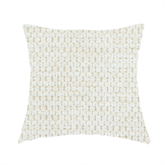 The fabric used to create this handmade cushion is a warm cream or off-white tone. The material features a chunky, heavyweight weave with a distinct dimensional grid. The texture is composed of thick, interlaced threads that create a series of small, raised rectangular bumps, giving it a basket weave or bouclé-like appearance.