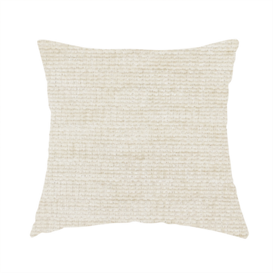 The fabric used to create these handmade cushions is a warm beige or oatmeal-coloured fabric featuring a dense, horizontal corded texture. The weave has a soft, chenille-like appearance with closely packed raised lines, creating a cosy and high-tactile surface.