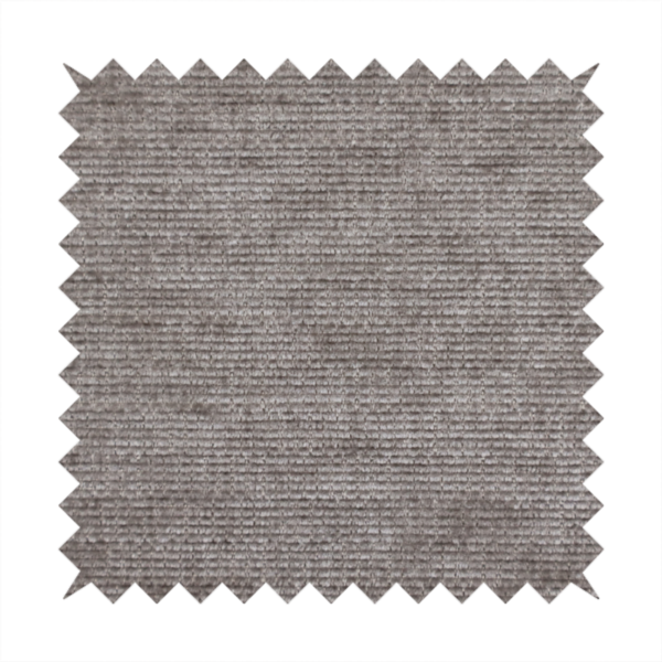 A taupe or ash brown fabric with a dense, horizontal ribbed texture. The material features a soft, velvety pile that creates subtle light-catching highlights and shadows across the linear weave.