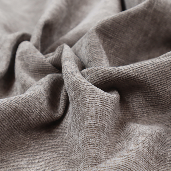A taupe or ash brown fabric with a dense, horizontal ribbed texture. The material features a soft, velvety pile that creates subtle light-catching highlights and shadows across the linear weave.