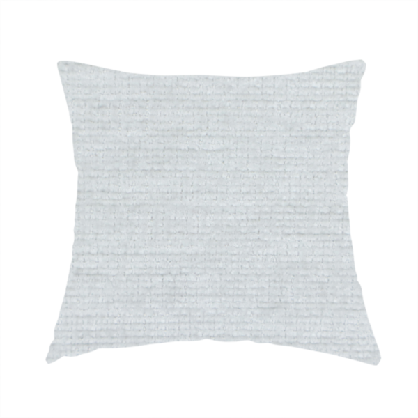 The fabric used to create these handmade cushions is a cool, silver-white fabric with a soft, uniform horizontal ribbed texture. The material features a plush, chenille-like pile that provides a subtle, velvety sheen, catching the light across the fine linear ridges for a clean and modern look.