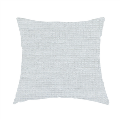The fabric used to create these handmade cushions is a cool, silver-white fabric with a soft, uniform horizontal ribbed texture. The material features a plush, chenille-like pile that provides a subtle, velvety sheen, catching the light across the fine linear ridges for a clean and modern look.