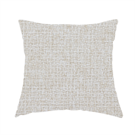 The fabric used to create these handmade cushions is a warm off-white or light oatmeal shade. The textile features a dense, multi-tonal basket weave pattern with visible interlacing threads in cream and soft beige, creating a textured, linen-look surface.