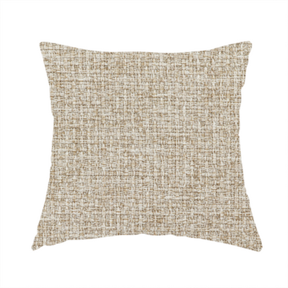 The fabric used to create this handmade cushion is a warm sand or light tan shade. The textile features a pronounced, multi-tonal basket weave with interlocking beige and cream threads, creating a rugged yet refined linen-look texture.