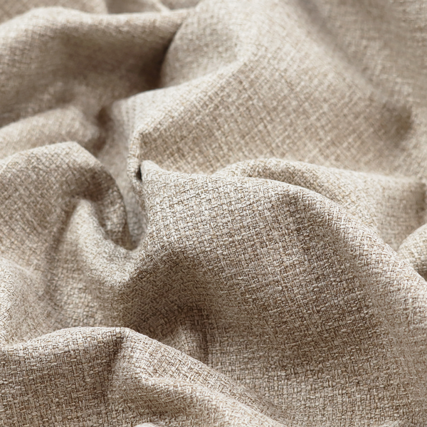 A warm sand or light tan shade. The textile features a pronounced, multi-tonal basket weave with interlocking beige and cream threads, creating a rugged yet refined linen-look texture.