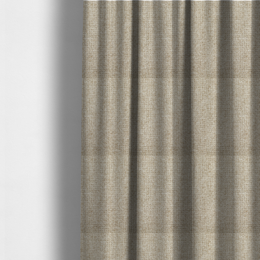 The fabric used to create these made-to-measure curtains is a warm sand or light tan shade. The textile features a pronounced, multi-tonal basket weave with interlocking beige and cream threads, creating a rugged yet refined linen-look texture.