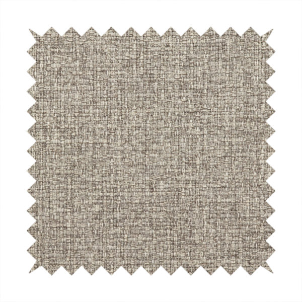 An upholstery fabric in a versatile taupe or mushroom shade. The textile features a dense, multi-tonal weave with interlacing fibres of cool grey, beige, and cream, creating a sophisticated textured linen-look surface.