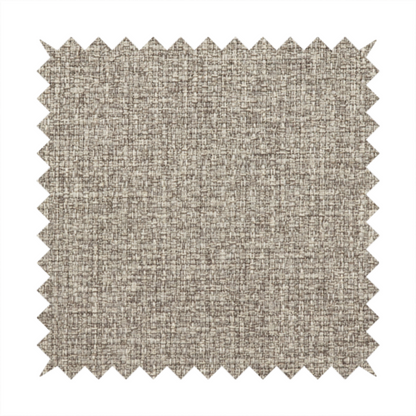 An upholstery fabric in a versatile taupe or mushroom shade. The textile features a dense, multi-tonal weave with interlacing fibres of cool grey, beige, and cream, creating a sophisticated textured linen-look surface.