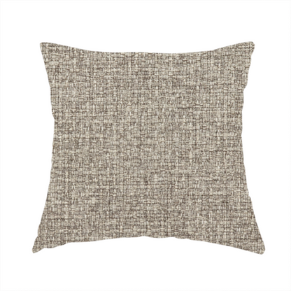 The fabric used to create this handmade cushion is a upholstery fabric in a versatile taupe or mushroom shade. The textile features a dense, multi-tonal weave with interlacing fibres of cool grey, beige, and cream, creating a sophisticated textured linen-look surface.