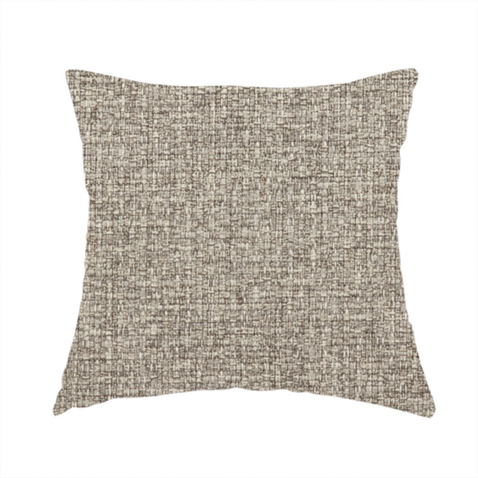 The fabric used to create this handmade cushion is a upholstery fabric in a versatile taupe or mushroom shade. The textile features a dense, multi-tonal weave with interlacing fibres of cool grey, beige, and cream, creating a sophisticated textured linen-look surface.