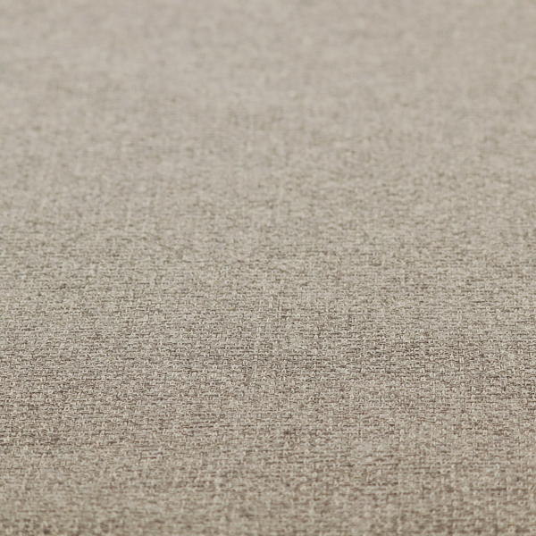 An upholstery fabric in a versatile taupe or mushroom shade. The textile features a dense, multi-tonal weave with interlacing fibres of cool grey, beige, and cream, creating a sophisticated textured linen-look surface.